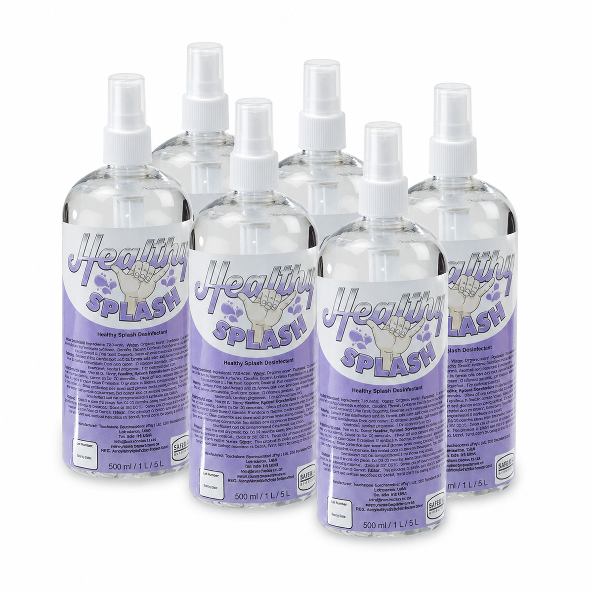 Six Healthy Splash 500 ml surface-disinfectant spray bottles