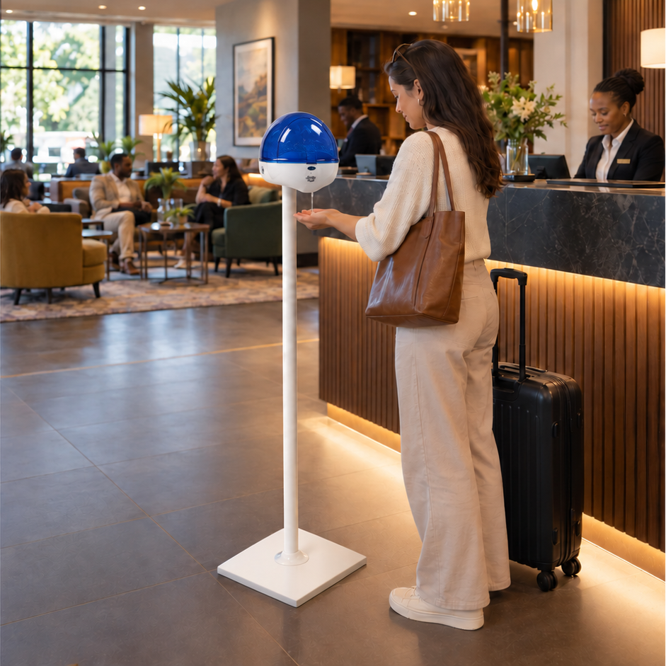 Blue and White Touchless Floor-Stand Dispenser Bundle